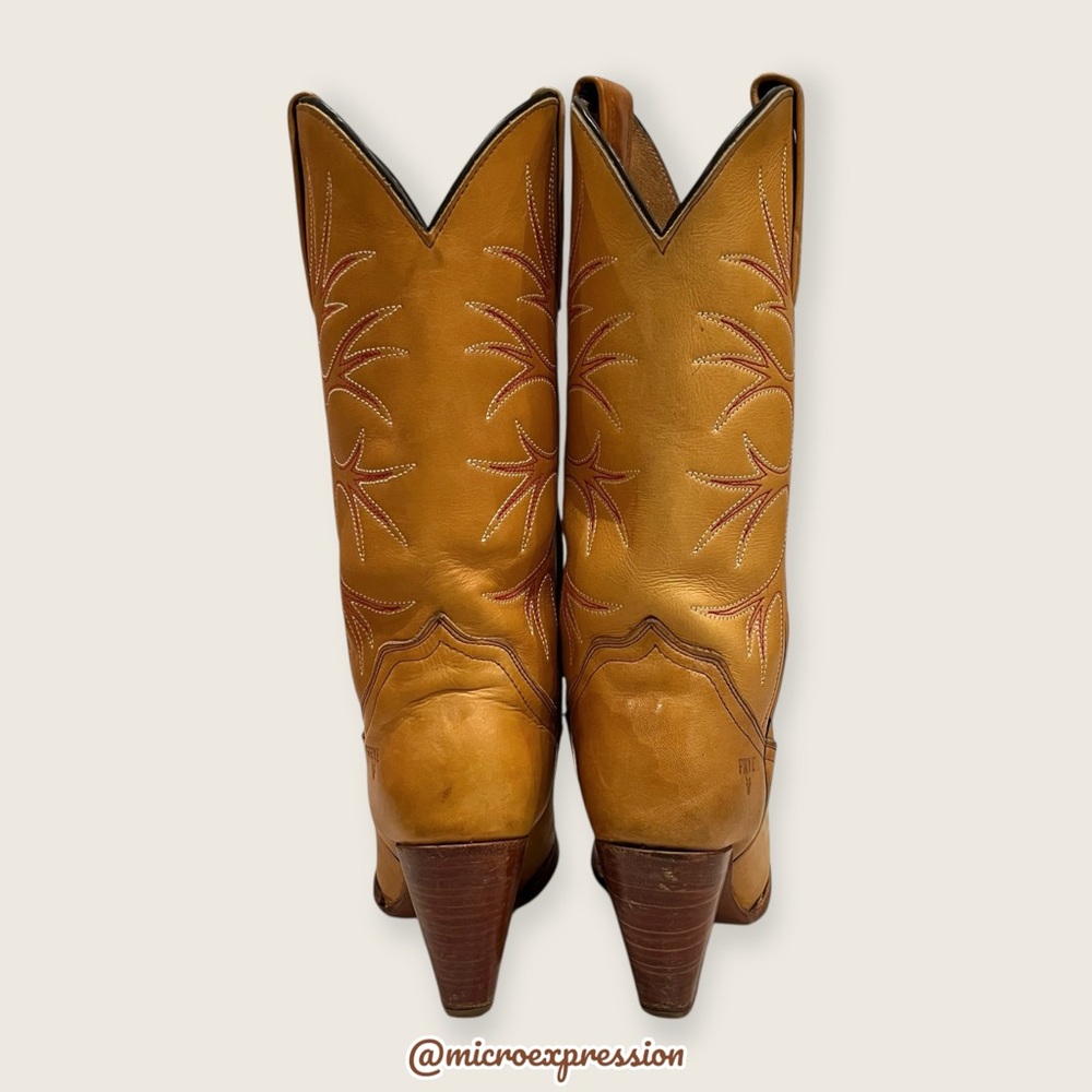 1980s VINTAGE Frye Fire/Flame Banana Yellow Tan Embroidered Cowboy Western Boot - Picture 7 of 13
